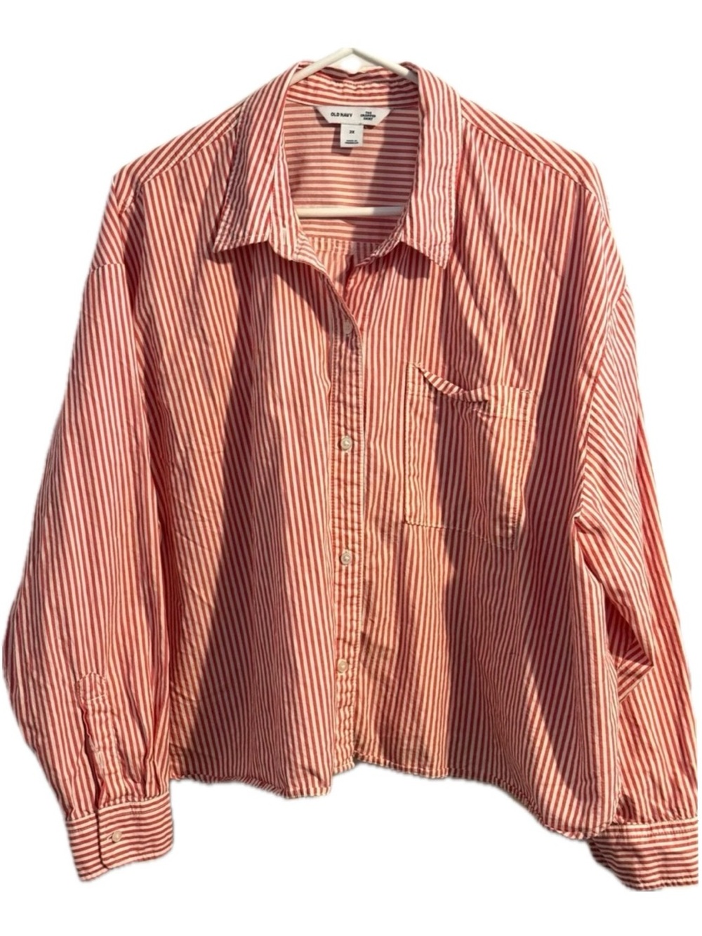 Old Navy The Cropped Shirt Red White Striped Button Down Drop Shoulder 2X